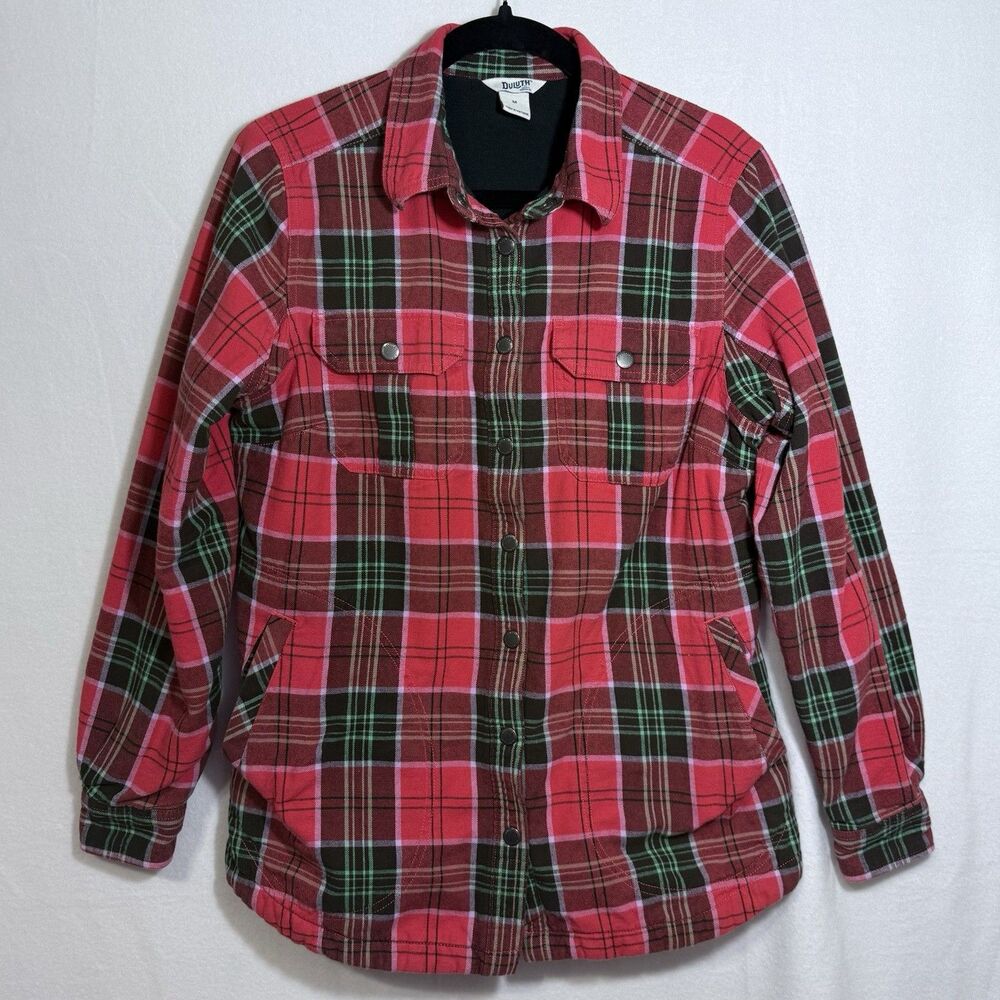 Duluth Free Swingin' Fleece Lined Neon Red Plaid Flannel Shirt Jacket Women's M